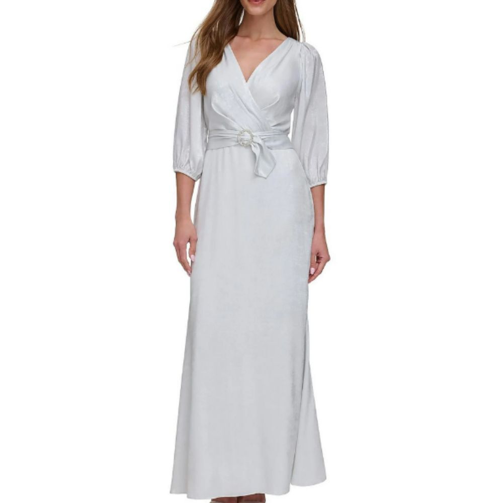 Donna Karan DKNY Women's Shimmer Faux Wrap Evening Dressโ Size 2 Silver Formal